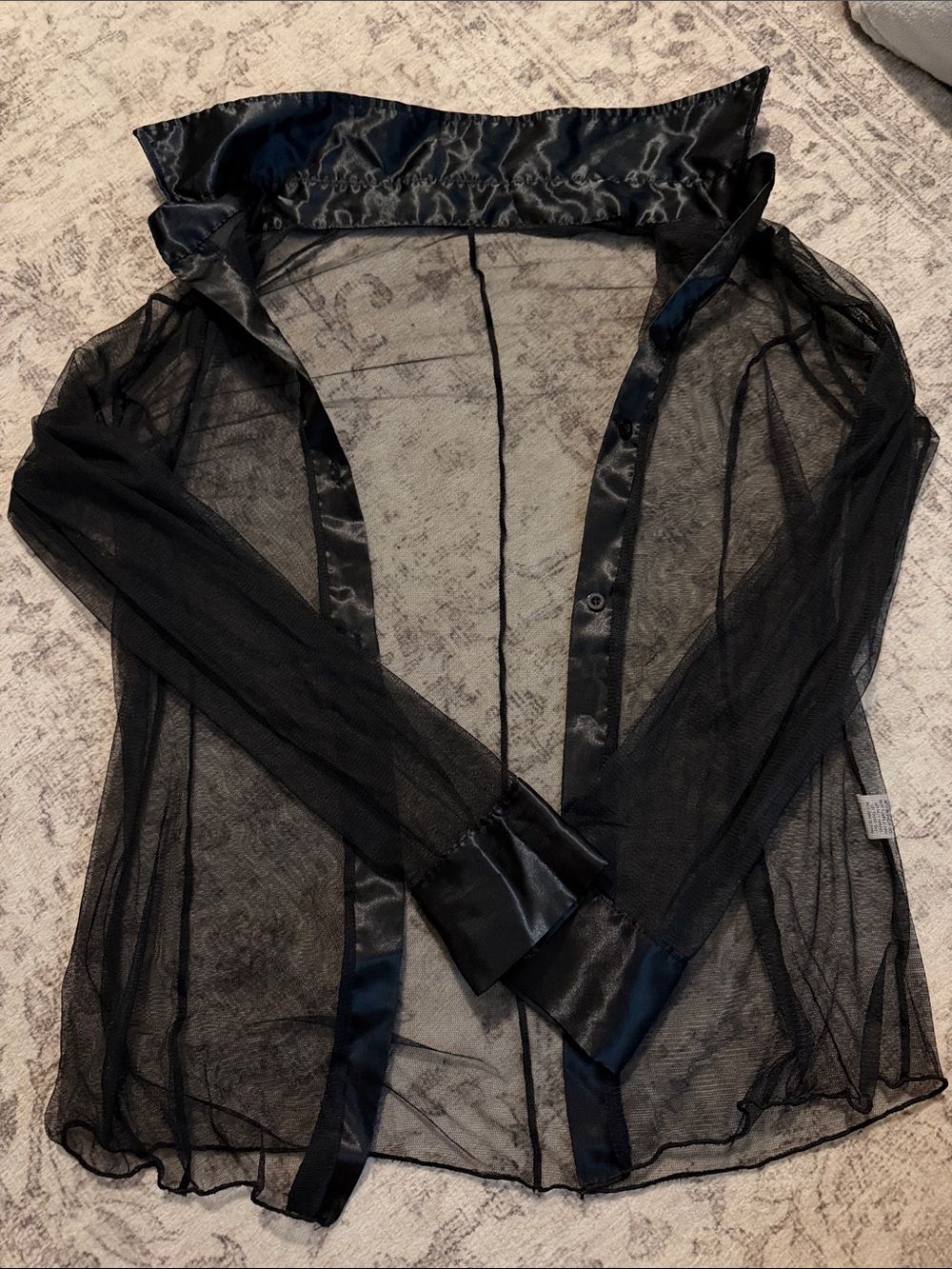 Source Unknown Black Sheer Mesh Button-Down Shirt with Satin Trim